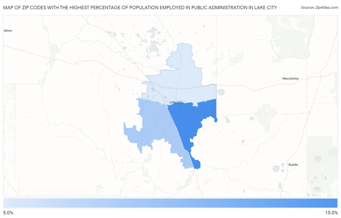 Zip Codes with the Highest Percentage of Population Employed in Public Administration in Lake City Map