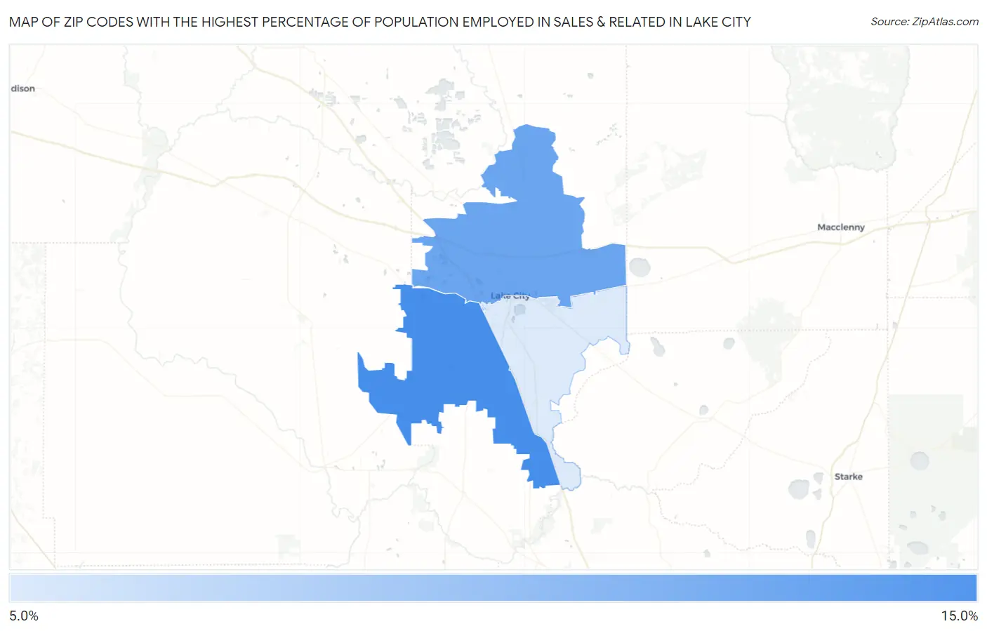 Zip Codes with the Highest Percentage of Population Employed in Sales & Related in Lake City Map