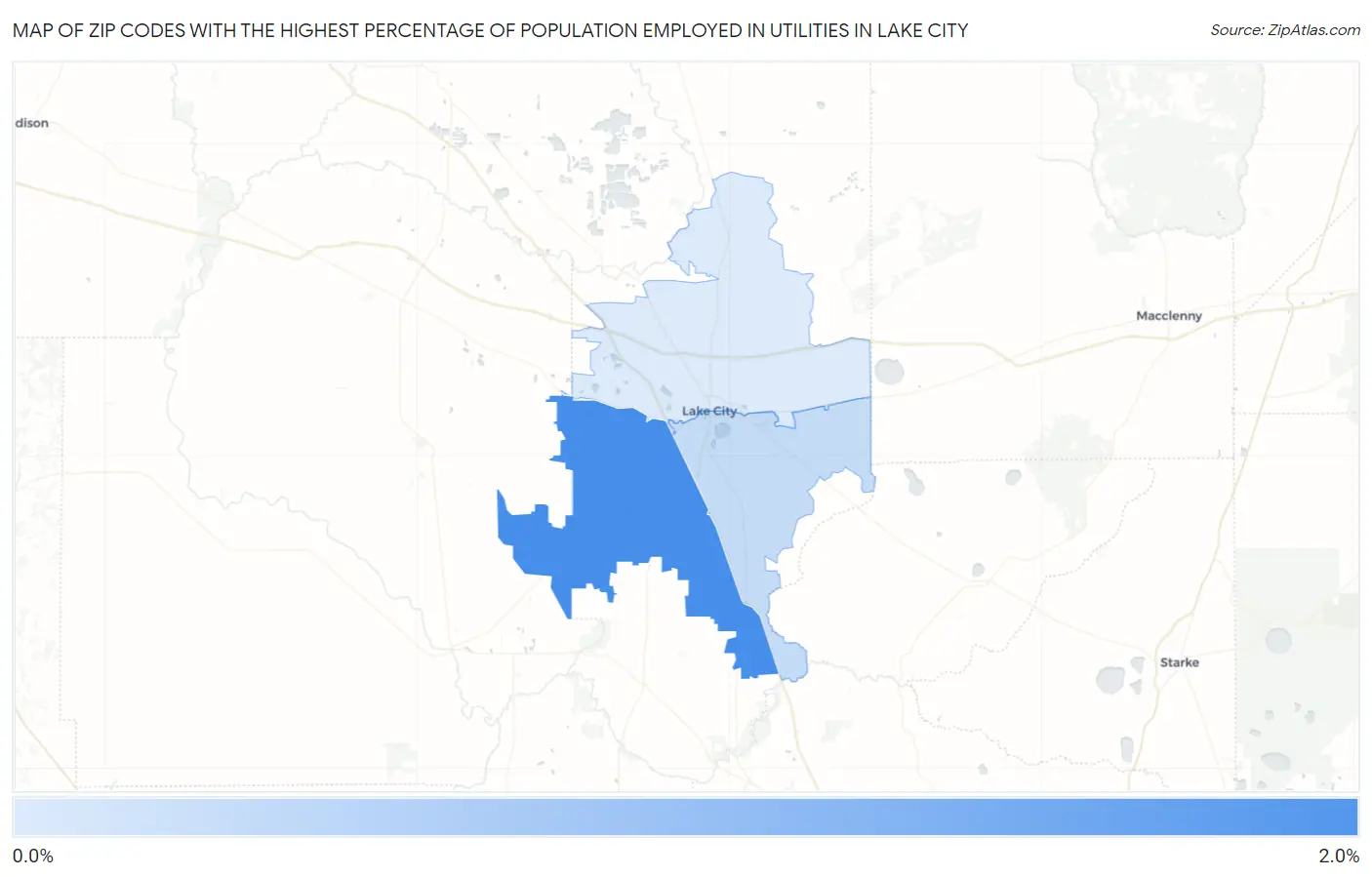 Zip Codes with the Highest Percentage of Population Employed in Utilities in Lake City Map