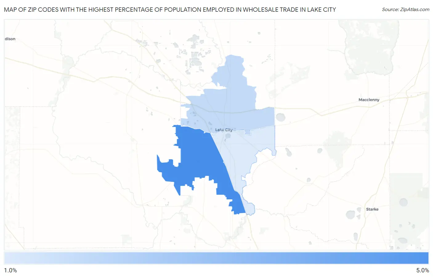 Zip Codes with the Highest Percentage of Population Employed in Wholesale Trade in Lake City Map