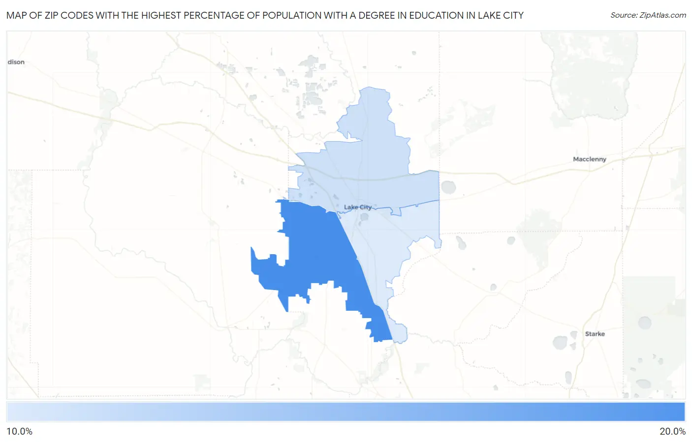 Zip Codes with the Highest Percentage of Population with a Degree in Education in Lake City Map