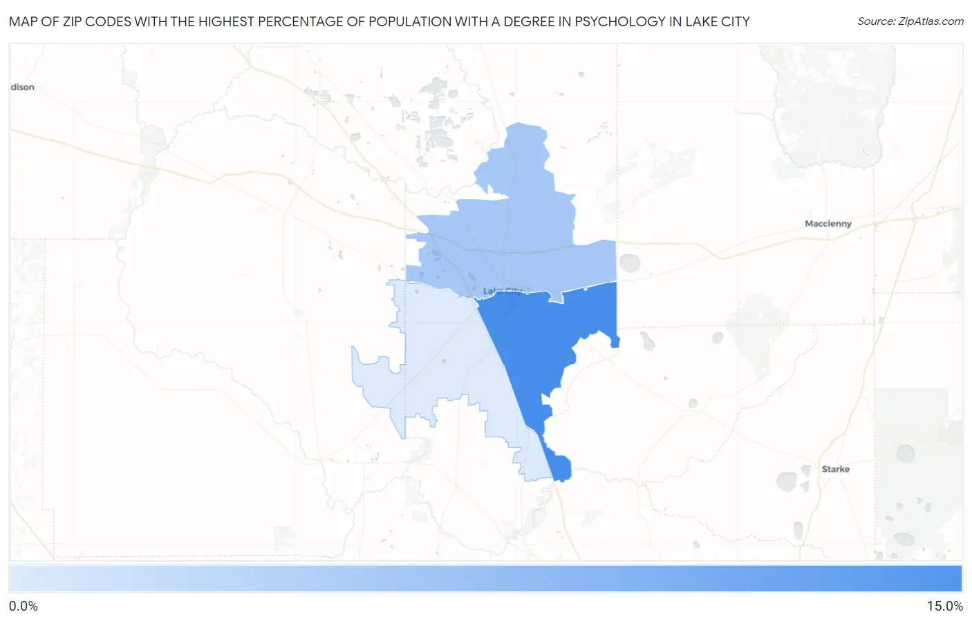 Zip Codes with the Highest Percentage of Population with a Degree in Psychology in Lake City Map