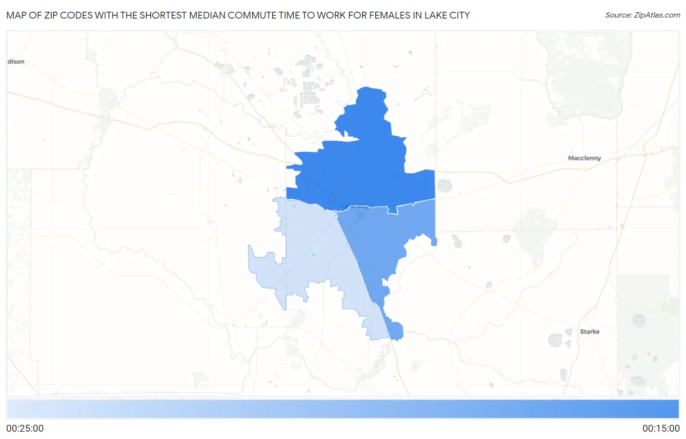 Zip Codes with the Shortest Median Commute Time to Work for Females in Lake City Map