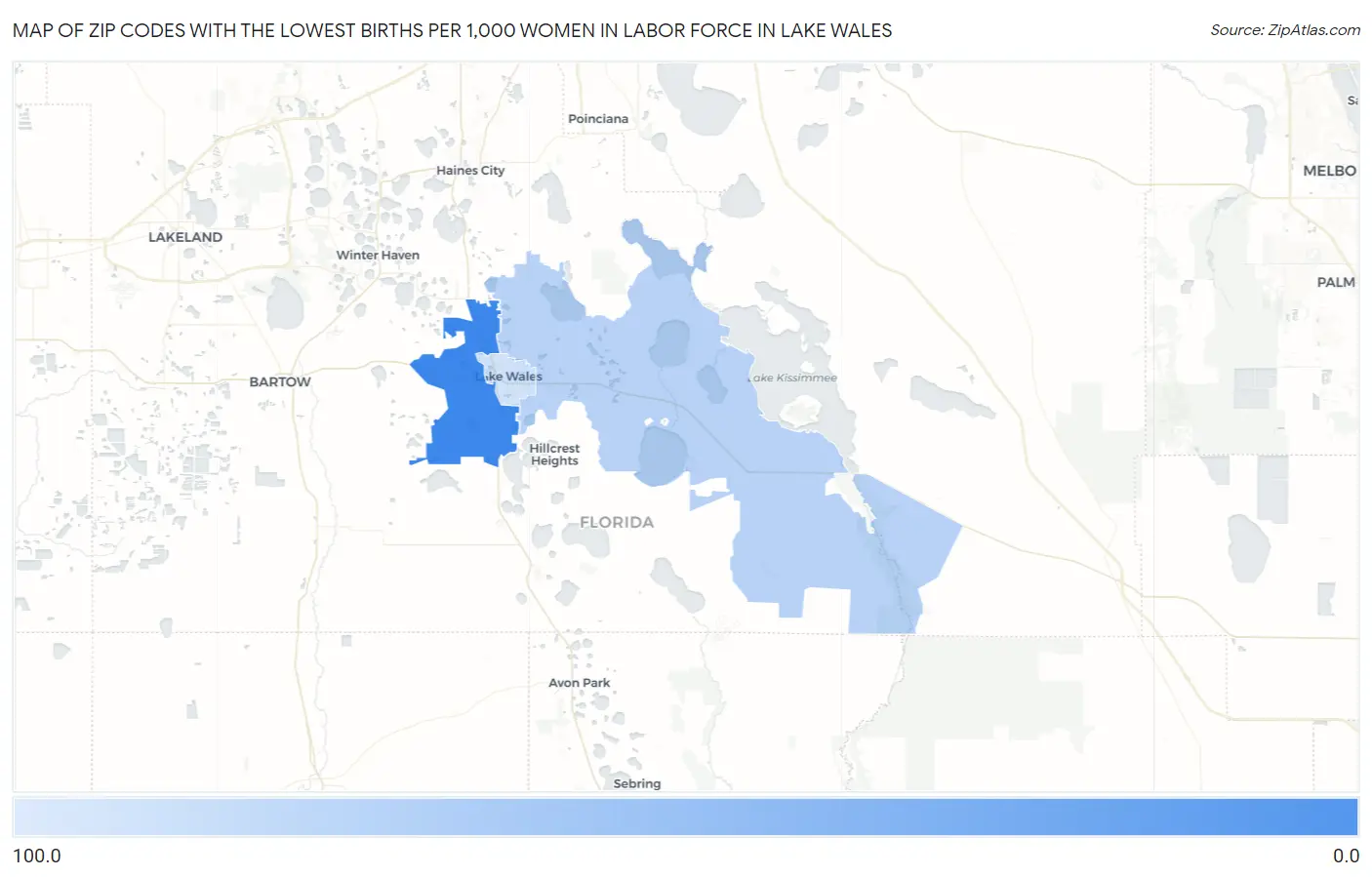 Zip Codes with the Lowest Births per 1,000 Women in Labor Force in Lake Wales Map