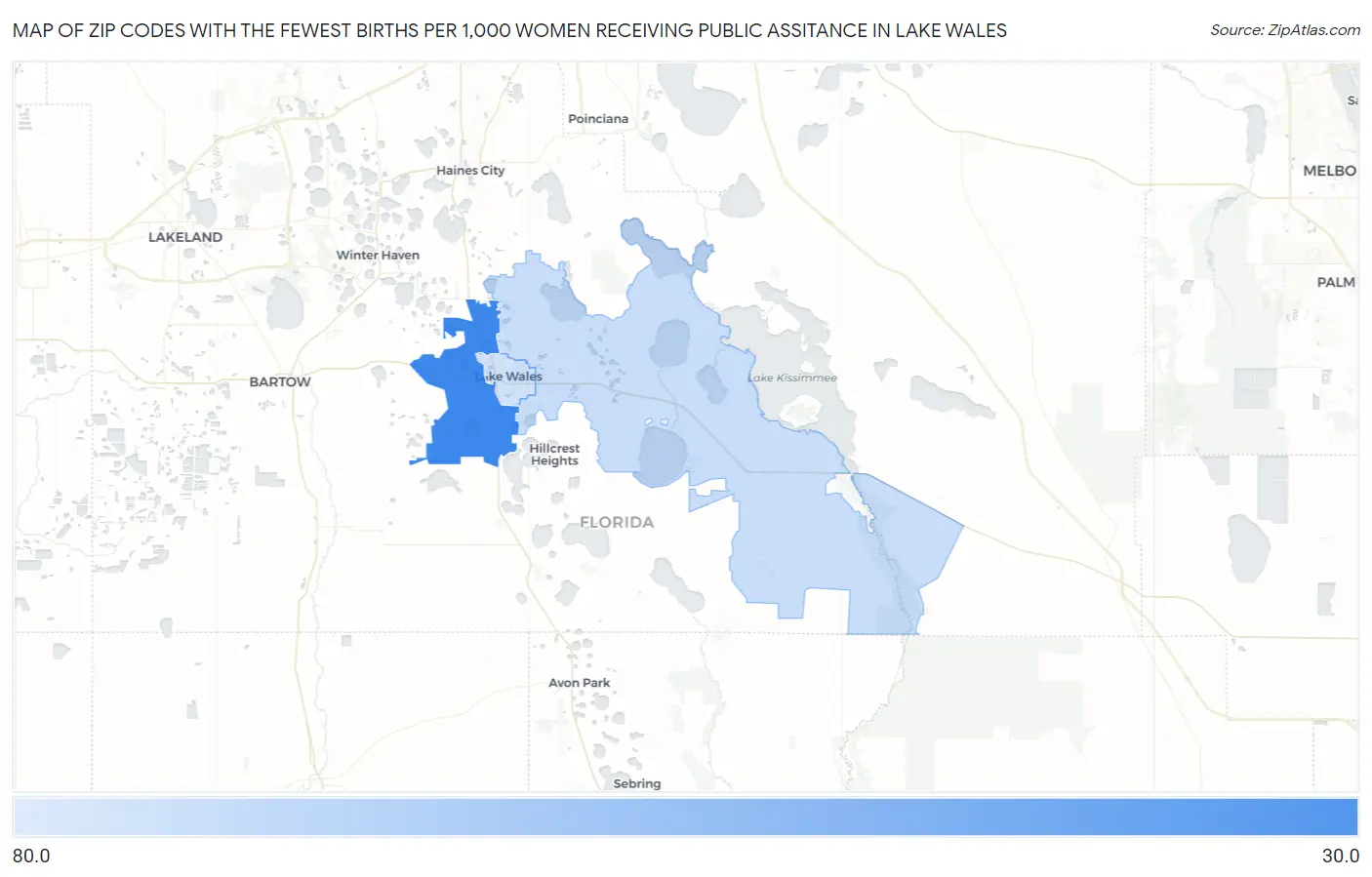 Zip Codes with the Fewest Births per 1,000 Women Receiving Public Assitance in Lake Wales Map