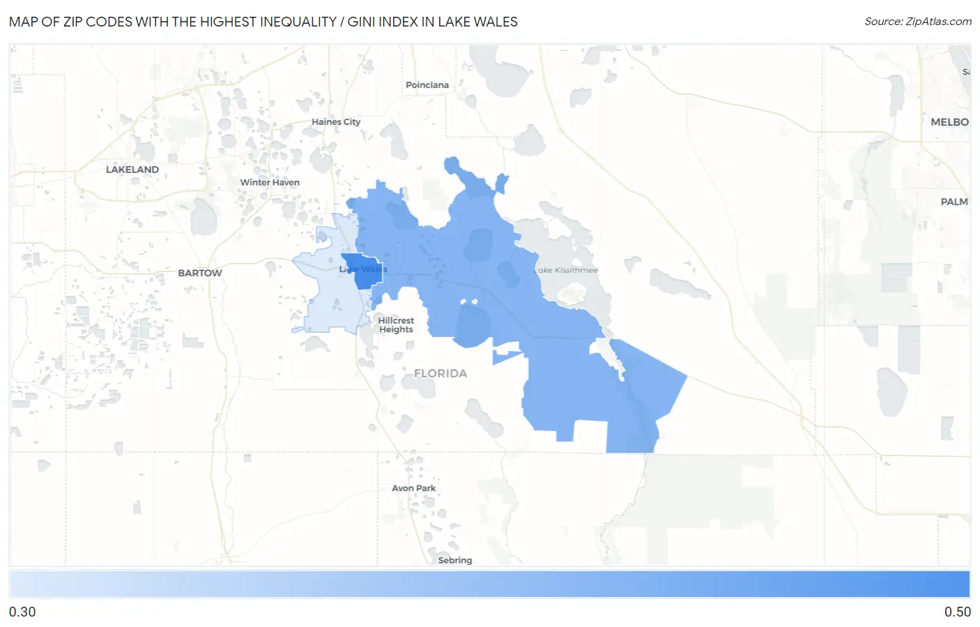Zip Codes with the Highest Inequality / Gini Index in Lake Wales Map