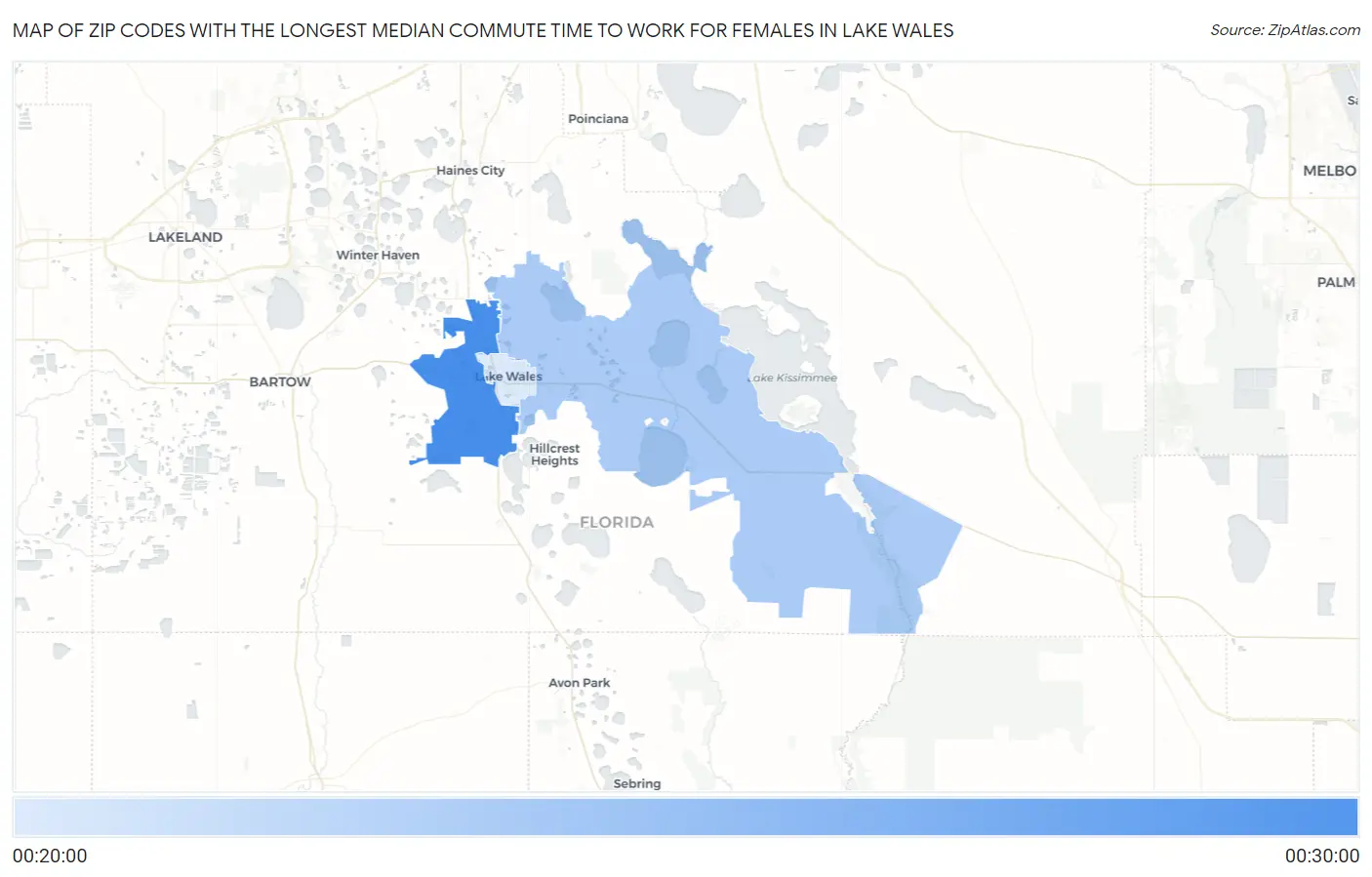 Zip Codes with the Longest Median Commute Time to Work for Females in Lake Wales Map
