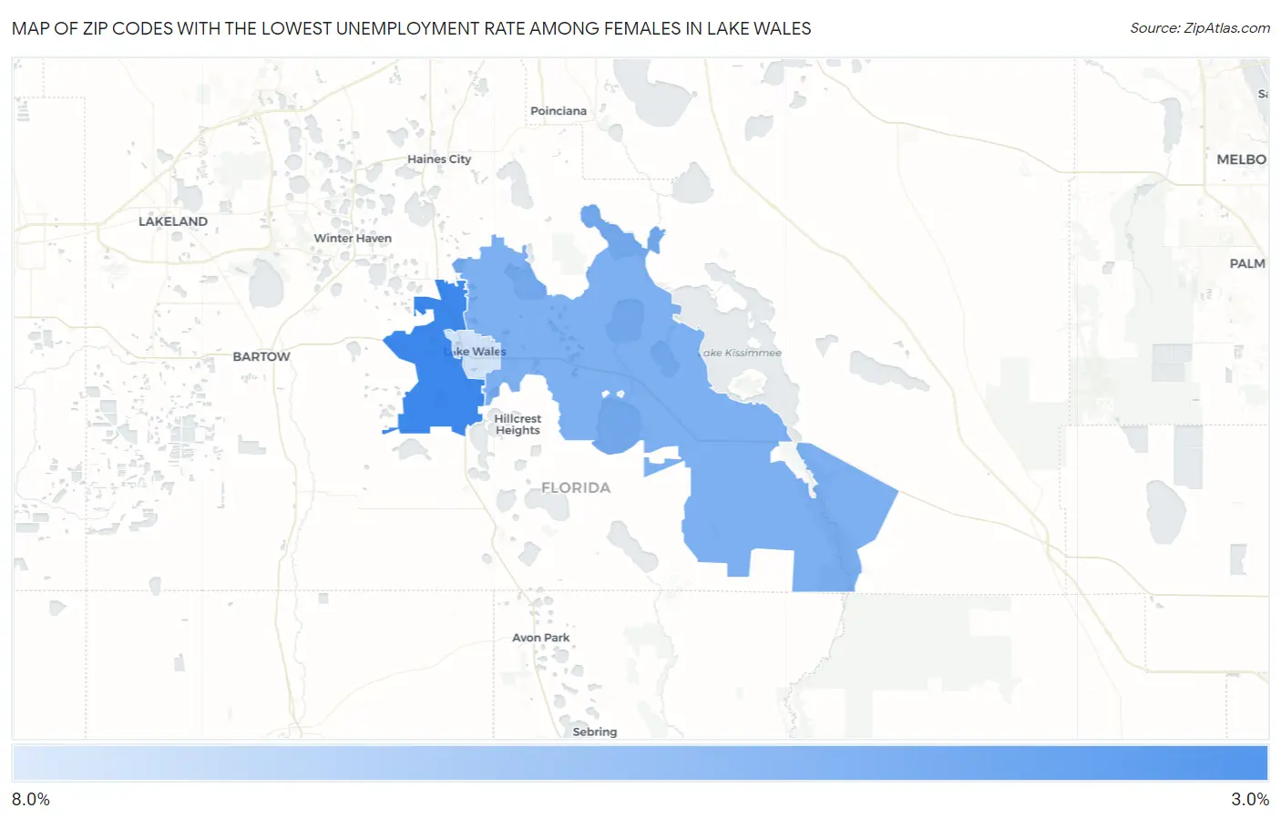 Zip Codes with the Lowest Unemployment Rate Among Females in Lake Wales Map