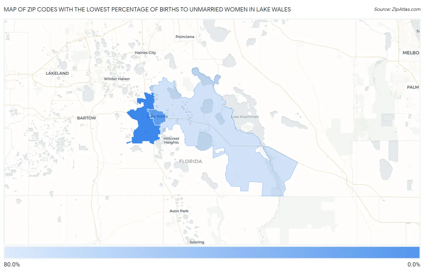 Zip Codes with the Lowest Percentage of Births to Unmarried Women in Lake Wales Map
