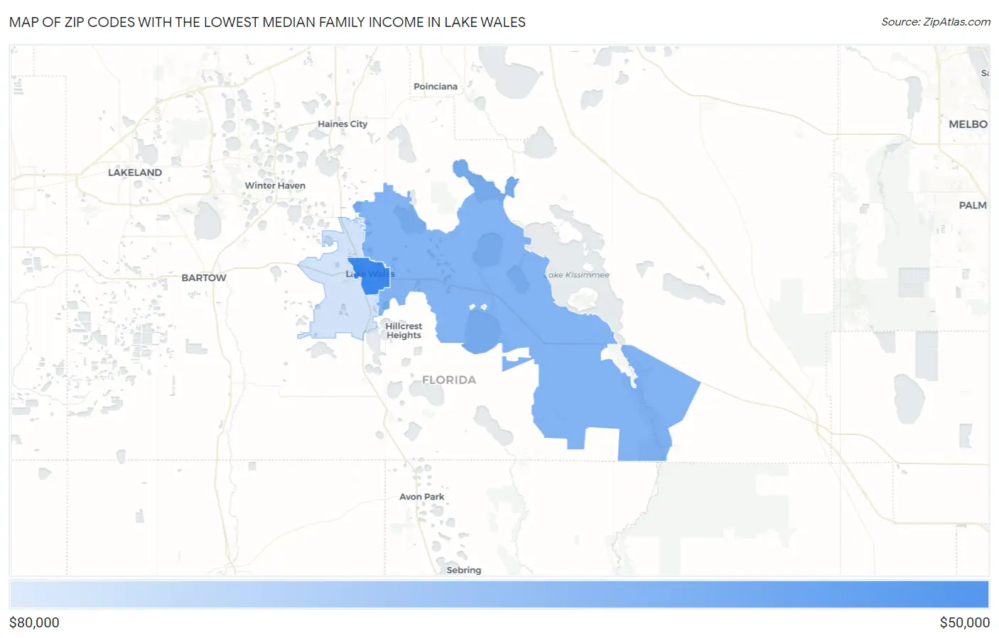 Zip Codes with the Lowest Median Family Income in Lake Wales Map
