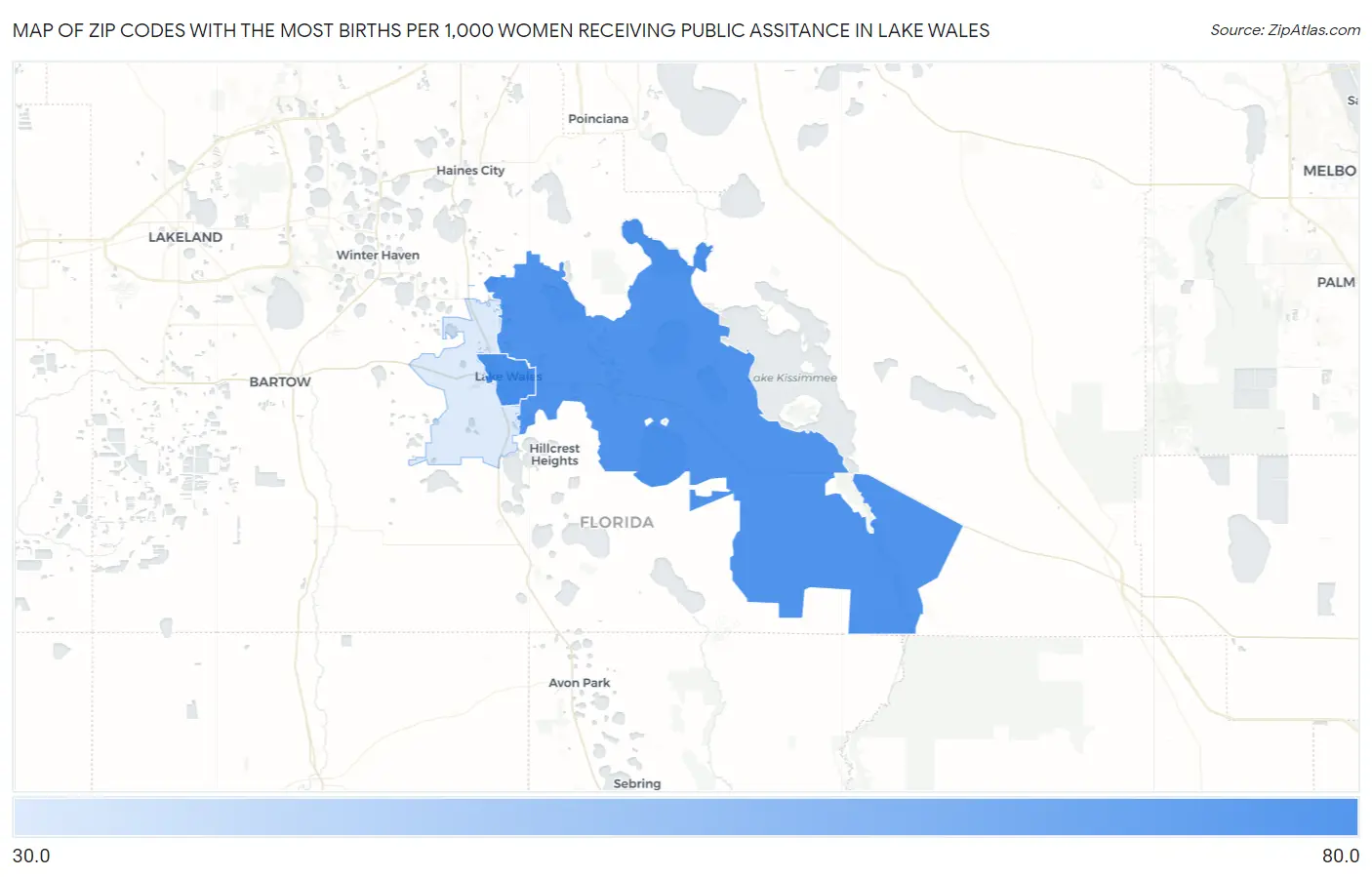 Zip Codes with the Most Births per 1,000 Women Receiving Public Assitance in Lake Wales Map