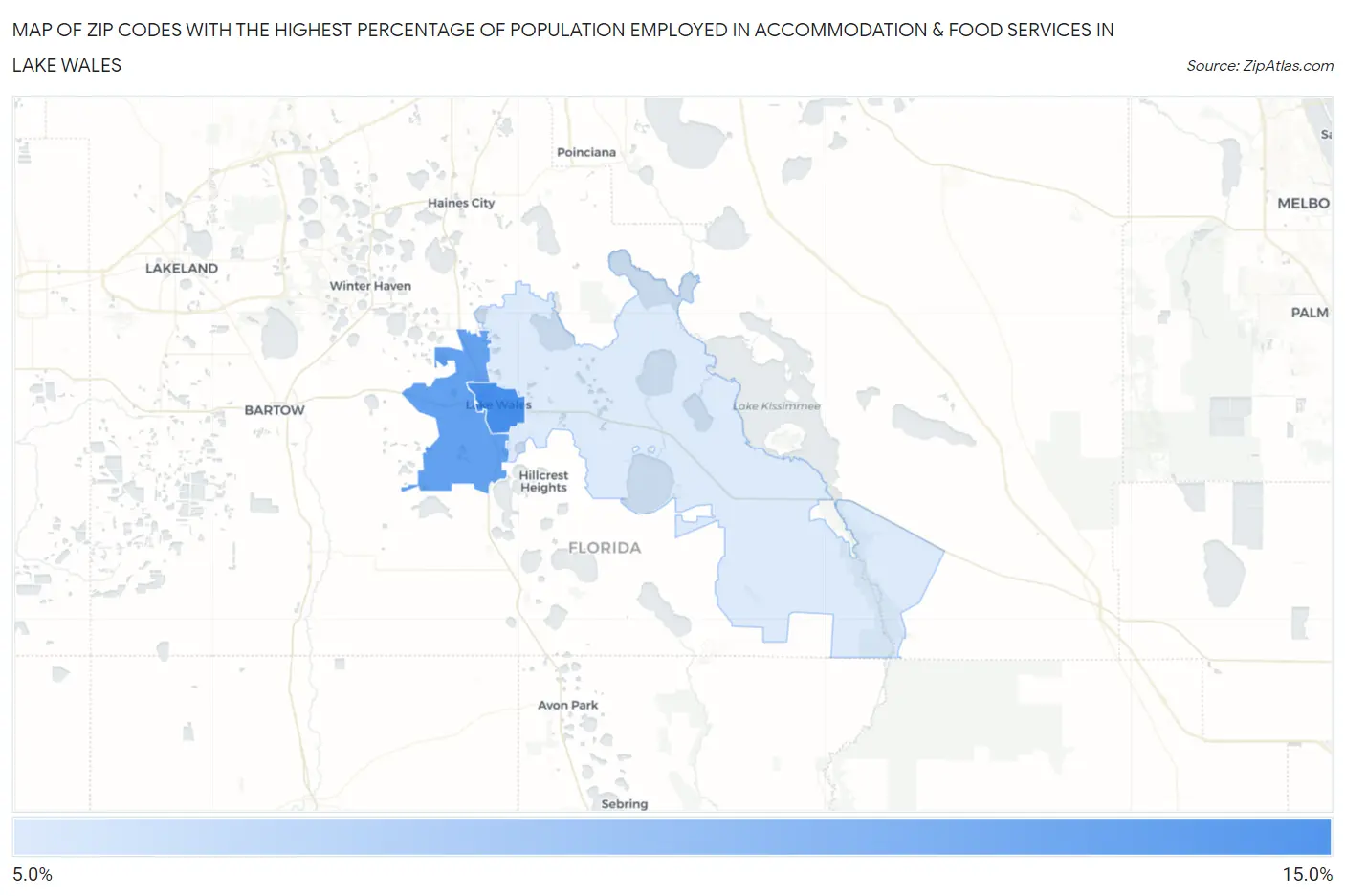 Zip Codes with the Highest Percentage of Population Employed in Accommodation & Food Services in Lake Wales Map