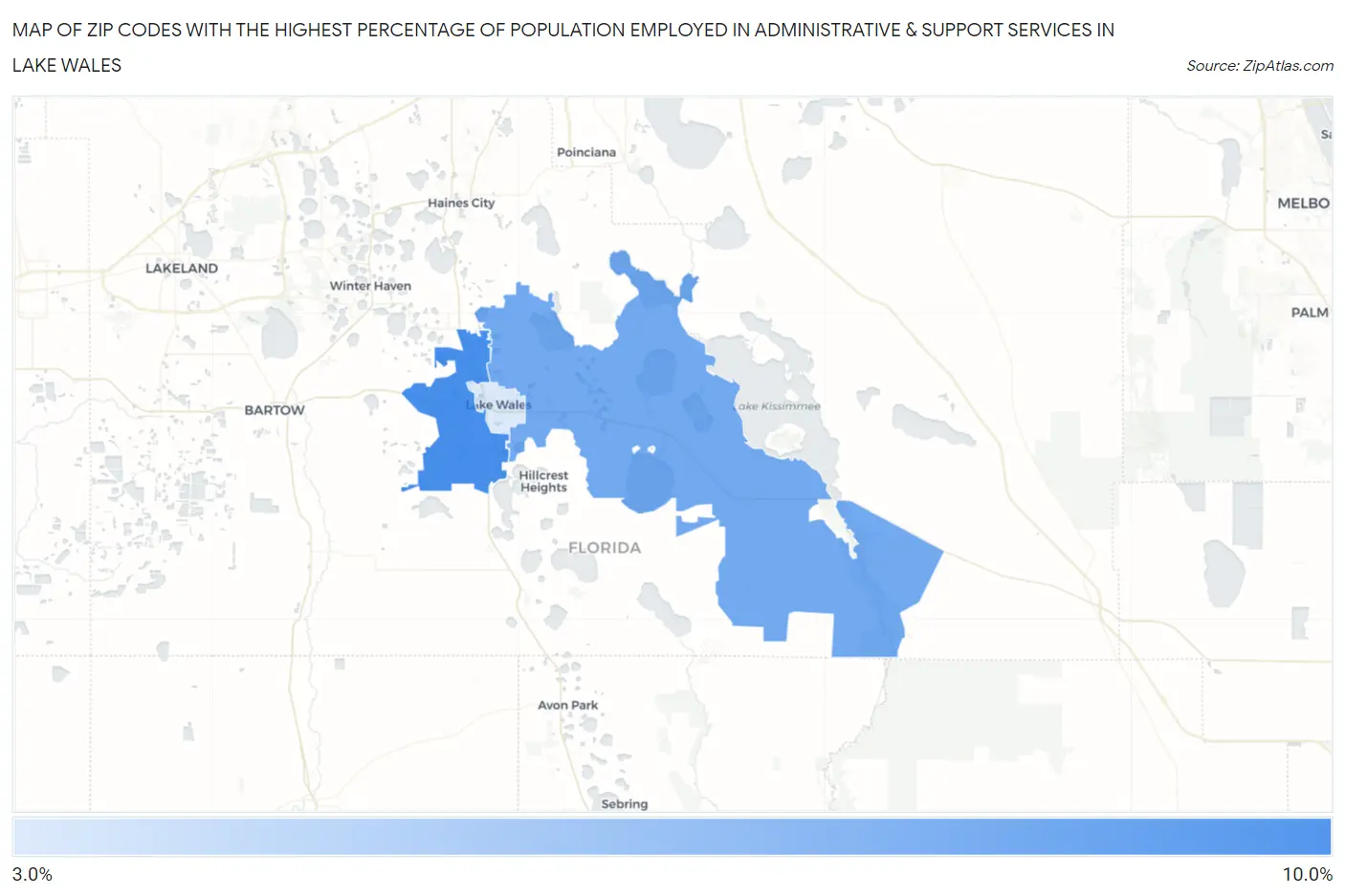 Zip Codes with the Highest Percentage of Population Employed in Administrative & Support Services in Lake Wales Map