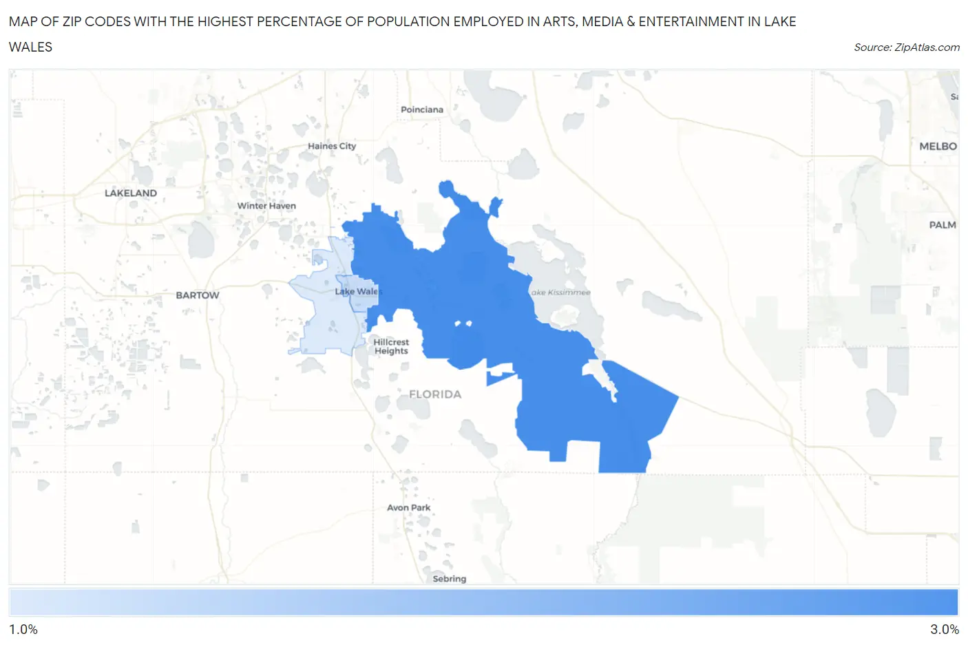 Zip Codes with the Highest Percentage of Population Employed in Arts, Media & Entertainment in Lake Wales Map