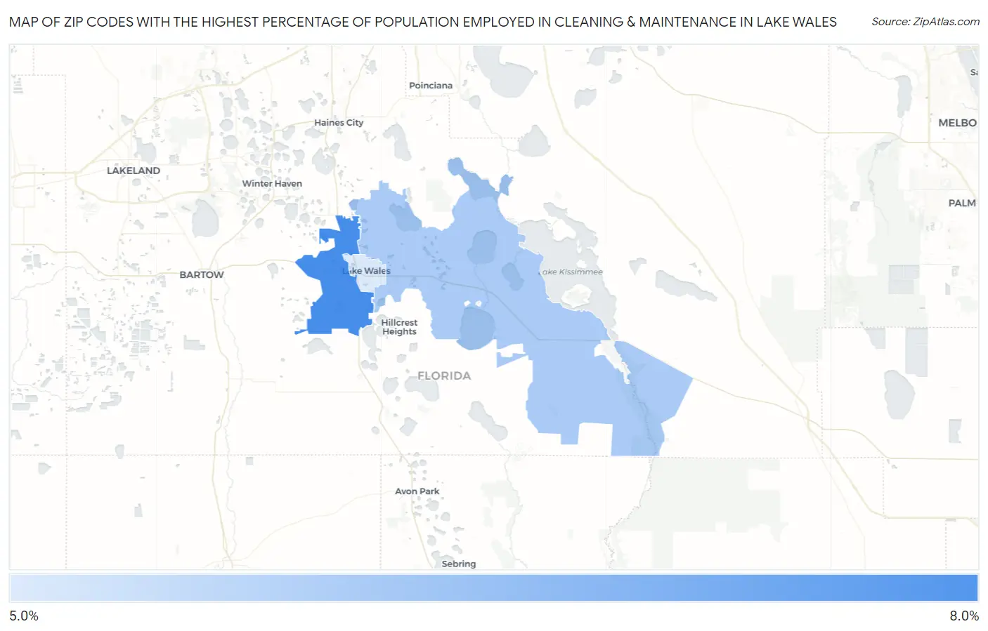 Zip Codes with the Highest Percentage of Population Employed in Cleaning & Maintenance in Lake Wales Map
