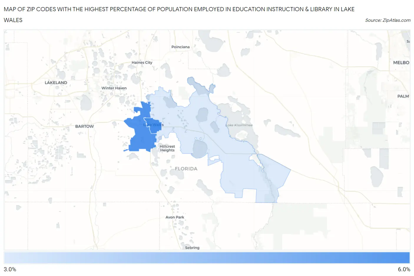 Zip Codes with the Highest Percentage of Population Employed in Education Instruction & Library in Lake Wales Map