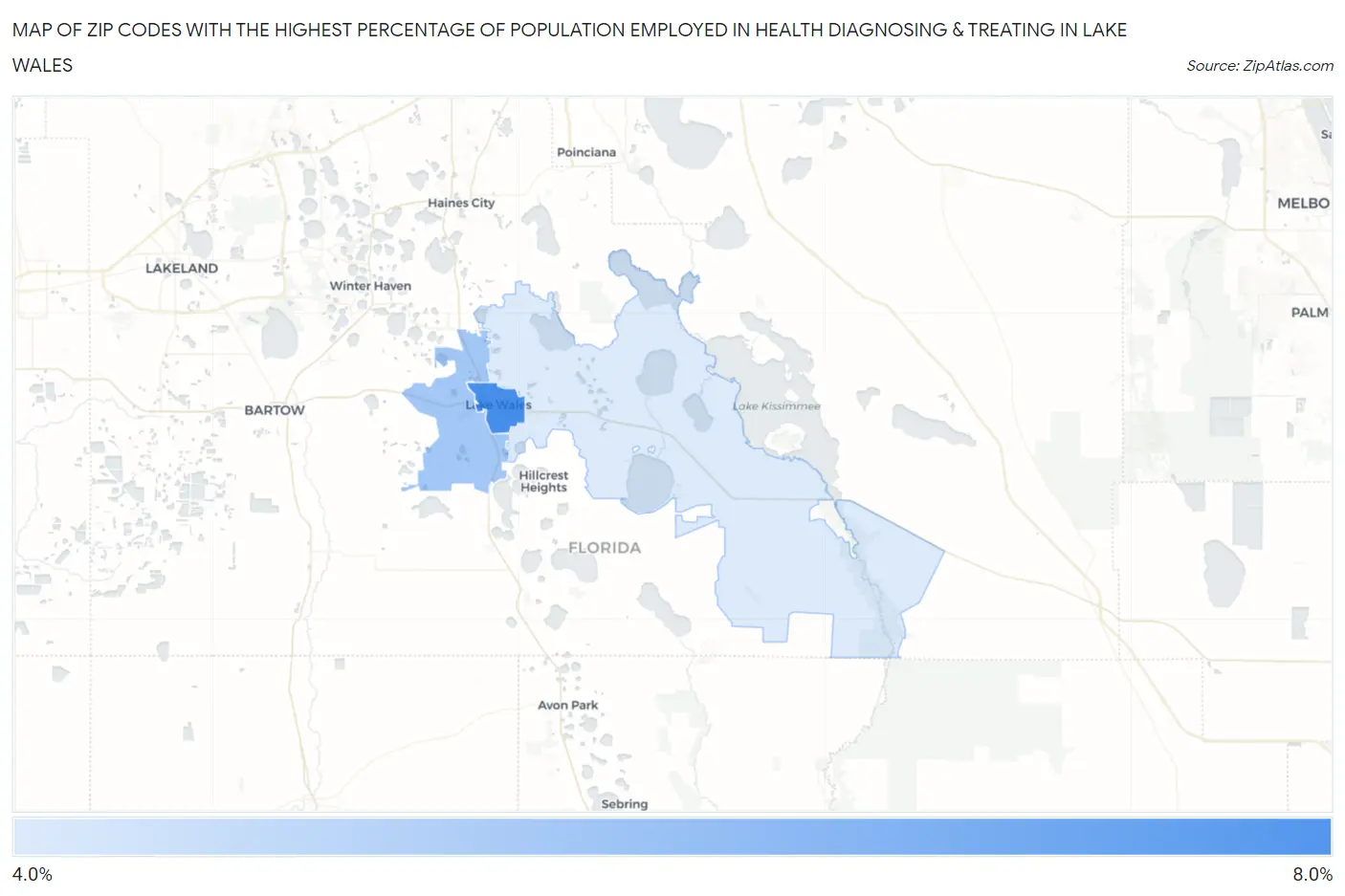 Zip Codes with the Highest Percentage of Population Employed in Health Diagnosing & Treating in Lake Wales Map
