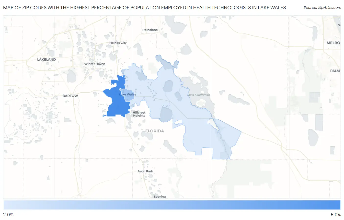 Zip Codes with the Highest Percentage of Population Employed in Health Technologists in Lake Wales Map