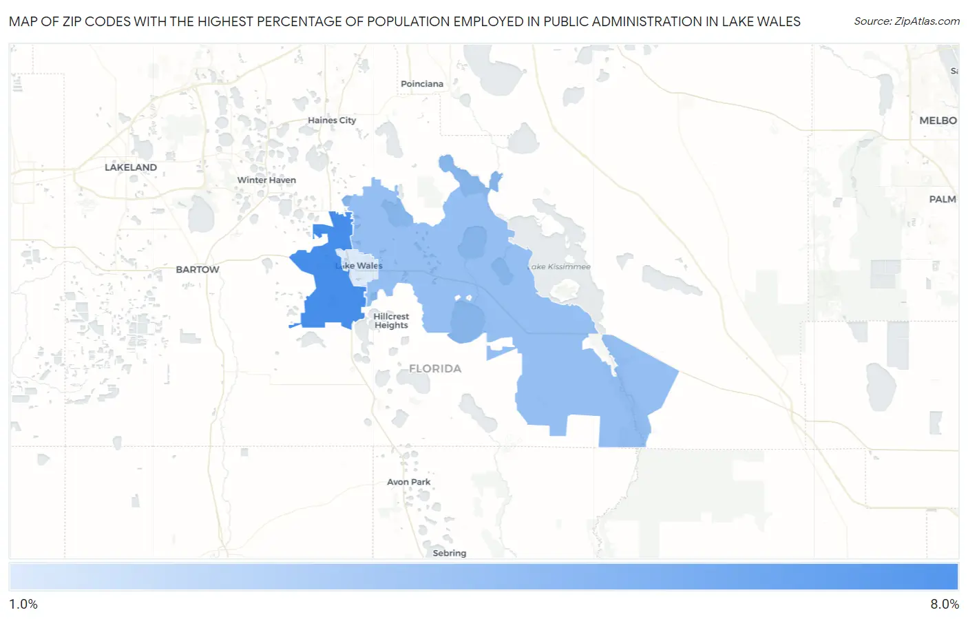 Zip Codes with the Highest Percentage of Population Employed in Public Administration in Lake Wales Map