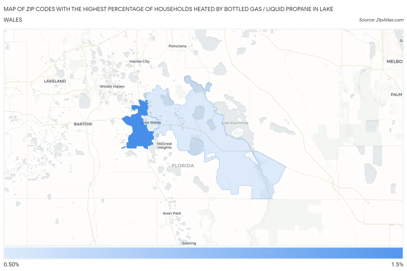 Zip Codes with the Highest Percentage of Households Heated by Bottled Gas / Liquid Propane in Lake Wales Map