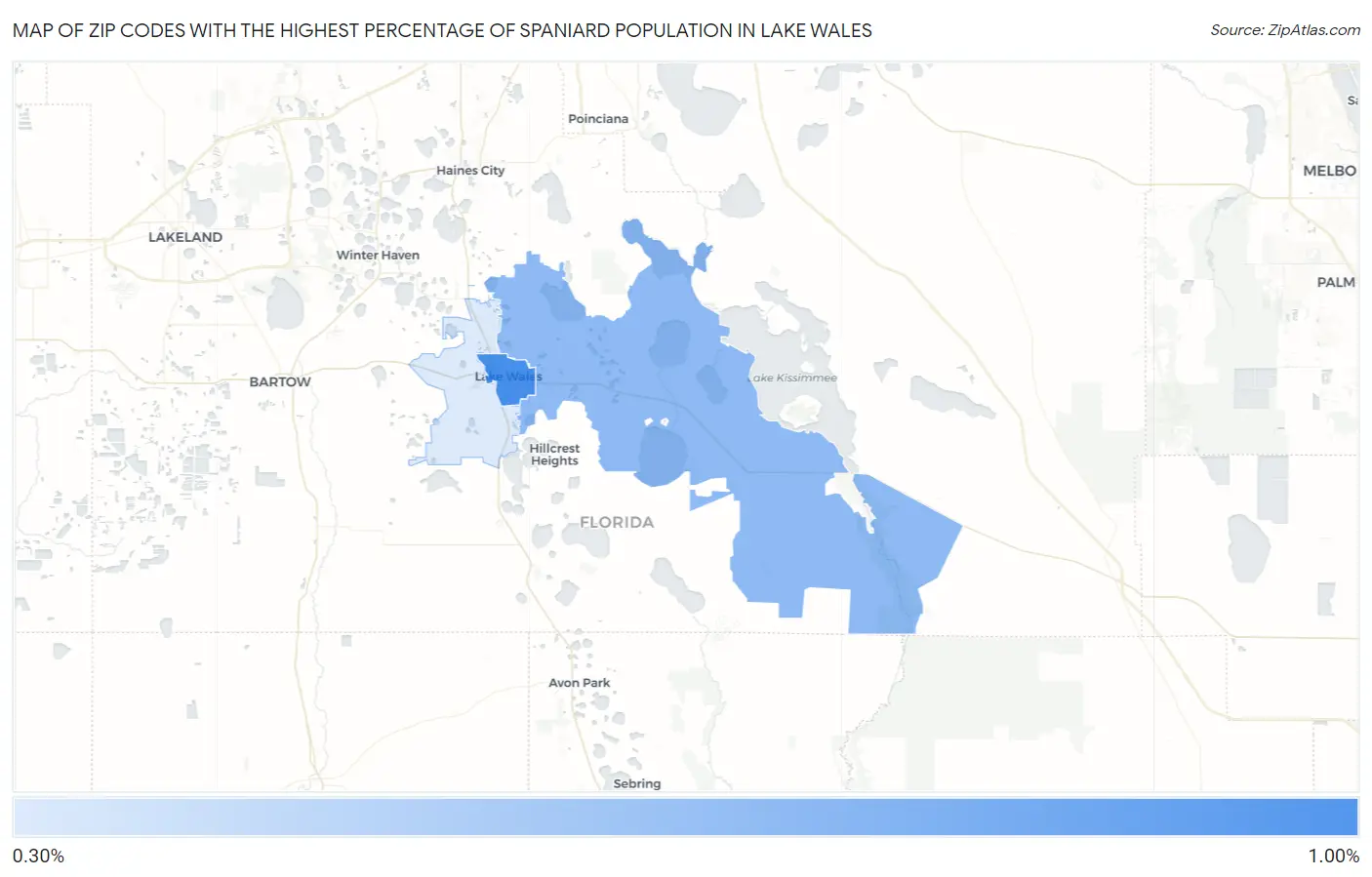 Zip Codes with the Highest Percentage of Spaniard Population in Lake Wales Map
