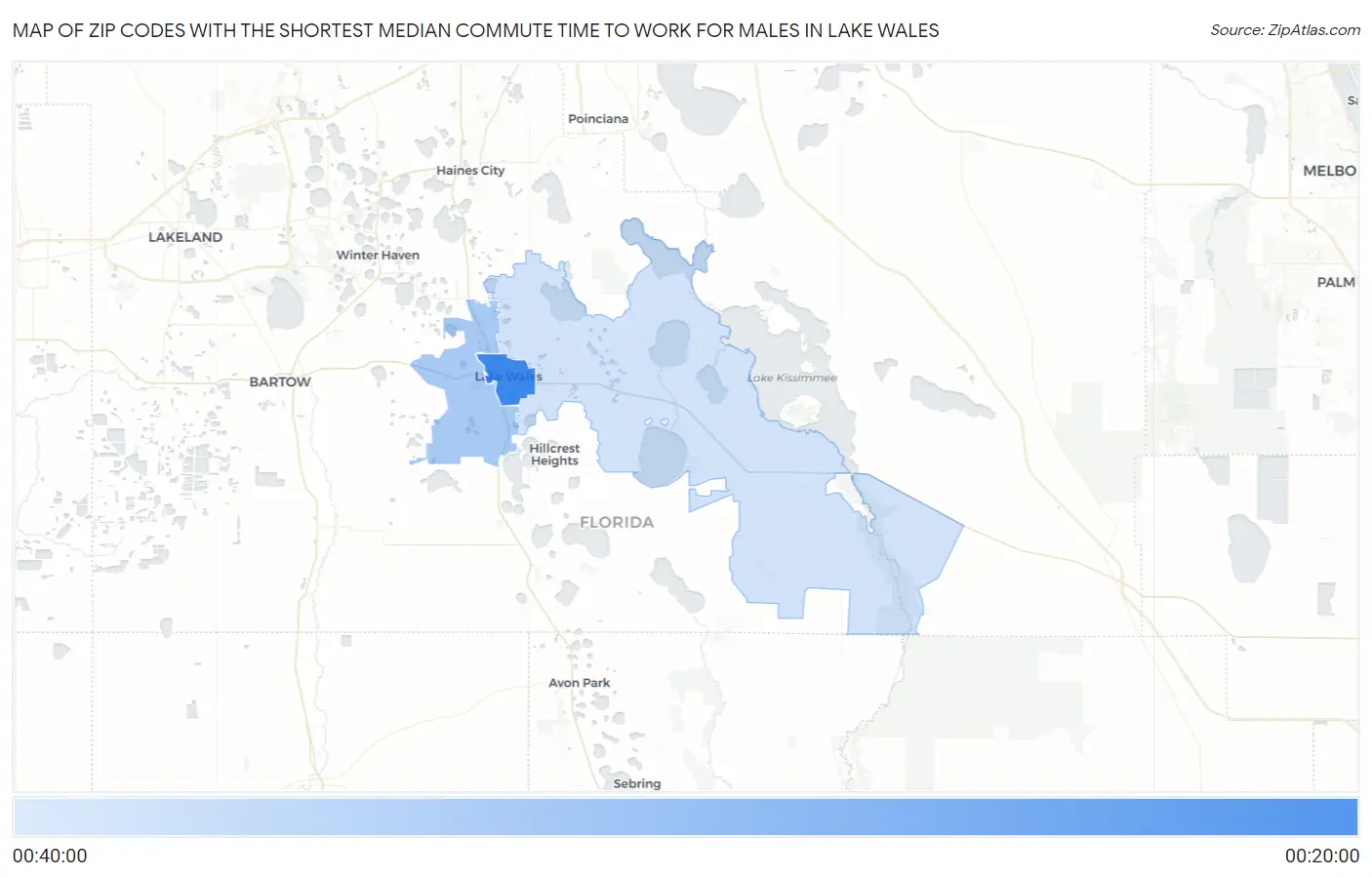 Zip Codes with the Shortest Median Commute Time to Work for Males in Lake Wales Map