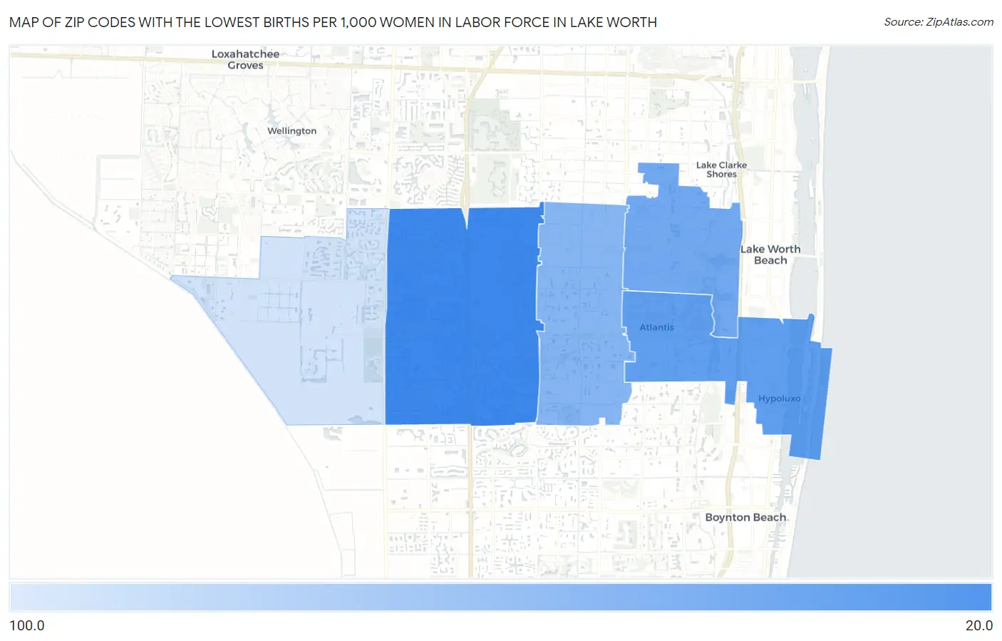 Zip Codes with the Lowest Births per 1,000 Women in Labor Force in Lake Worth Map
