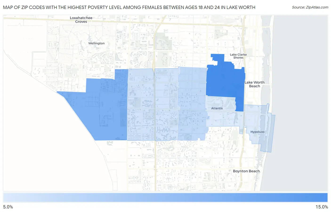Zip Codes with the Highest Poverty Level Among Females Between Ages 18 and 24 in Lake Worth Map