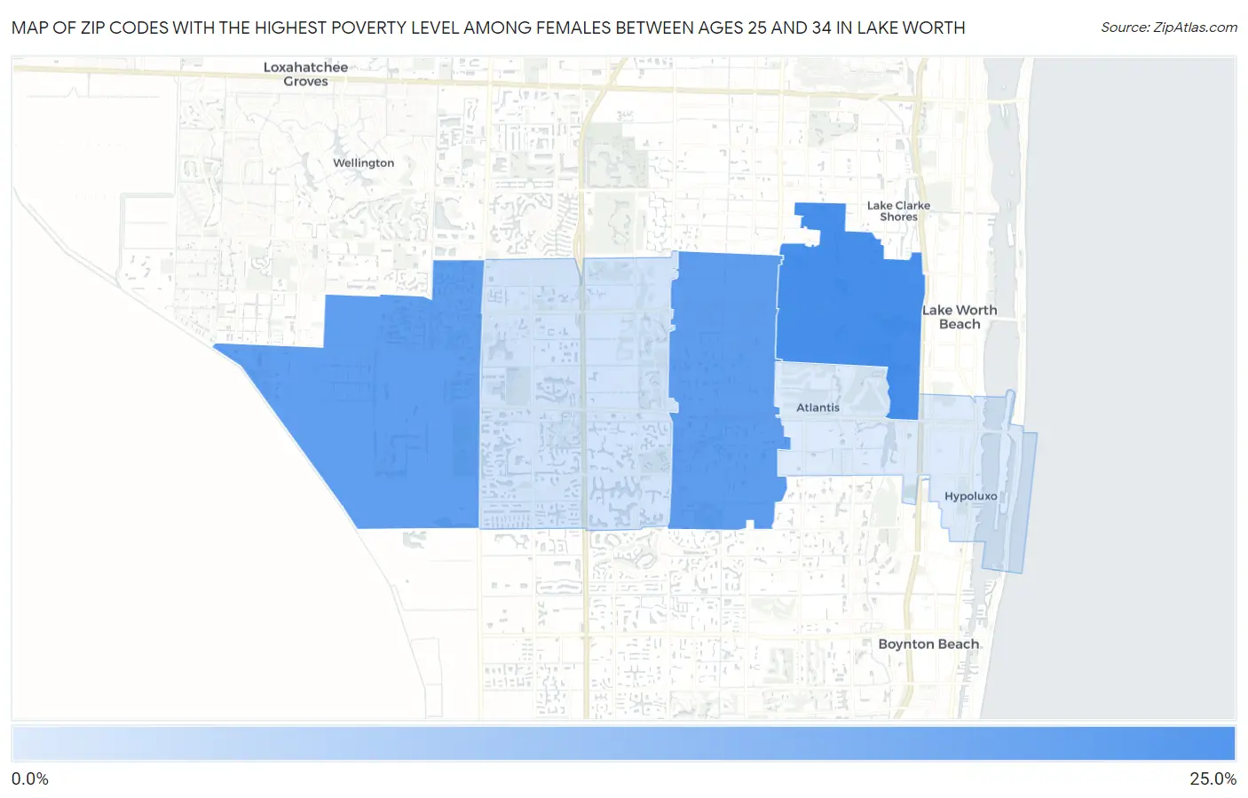 Zip Codes with the Highest Poverty Level Among Females Between Ages 25 and 34 in Lake Worth Map