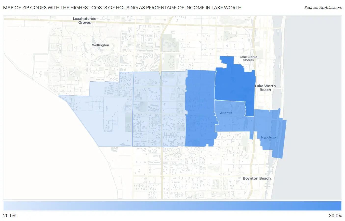 Zip Codes with the Highest Costs of Housing as Percentage of Income in Lake Worth Map