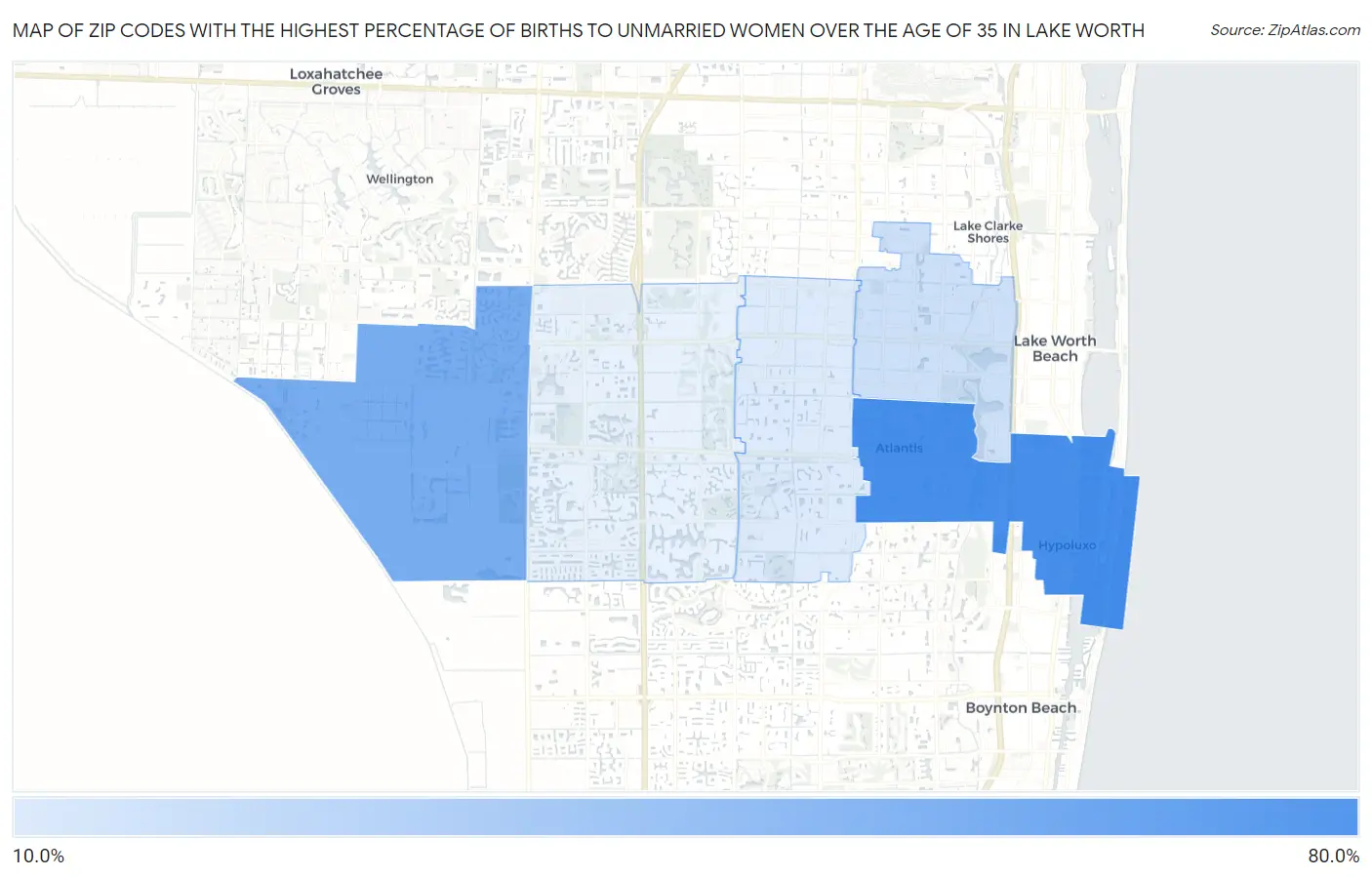 Zip Codes with the Highest Percentage of Births to Unmarried Women over the Age of 35 in Lake Worth Map