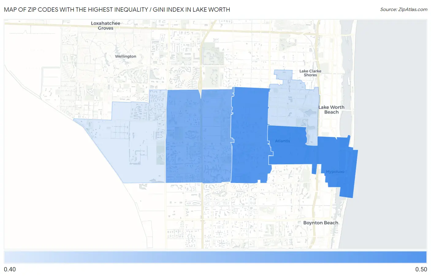 Zip Codes with the Highest Inequality / Gini Index in Lake Worth Map