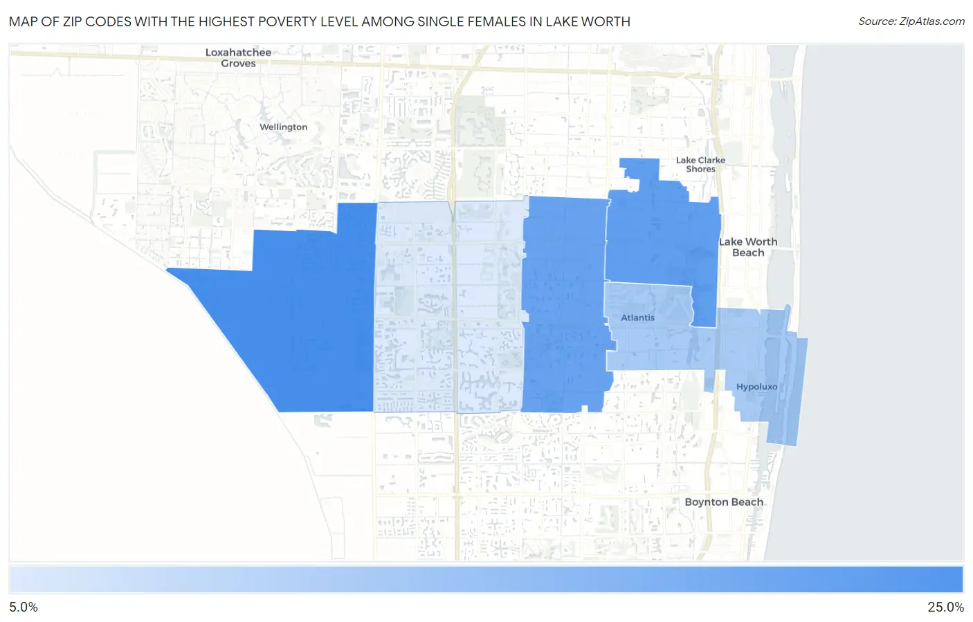 Zip Codes with the Highest Poverty Level Among Single Females in Lake Worth Map