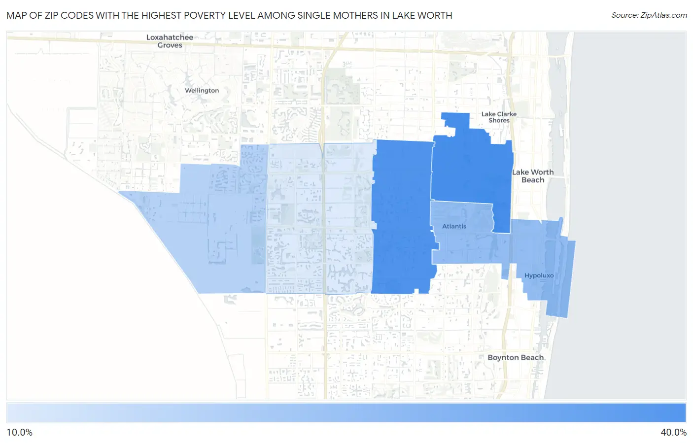 Zip Codes with the Highest Poverty Level Among Single Mothers in Lake Worth Map
