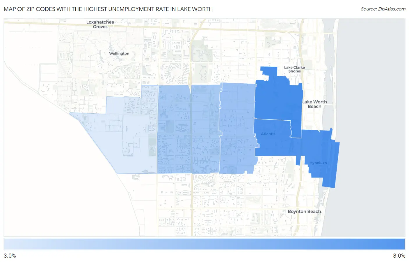Zip Codes with the Highest Unemployment Rate in Lake Worth Map