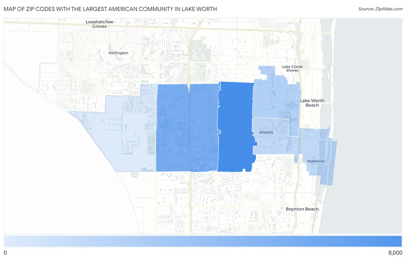 Zip Codes with the Largest American Community in Lake Worth Map