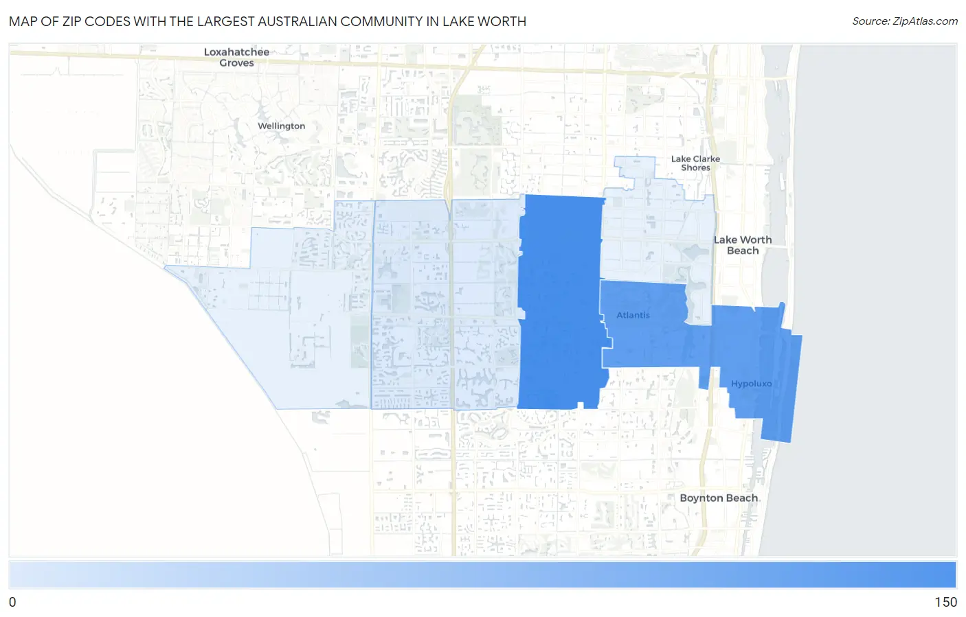 Zip Codes with the Largest Australian Community in Lake Worth Map