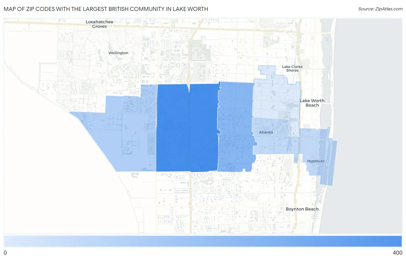 Zip Codes with the Largest British Community in Lake Worth Map