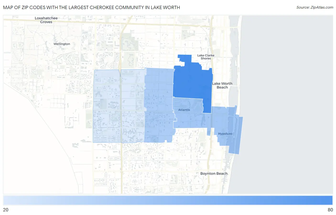 Zip Codes with the Largest Cherokee Community in Lake Worth Map