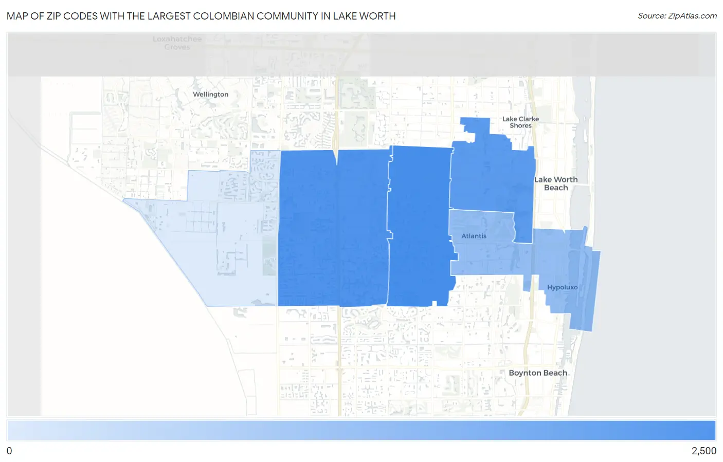 Zip Codes with the Largest Colombian Community in Lake Worth Map