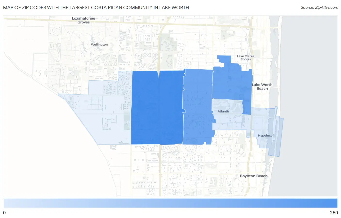 Zip Codes with the Largest Costa Rican Community in Lake Worth Map