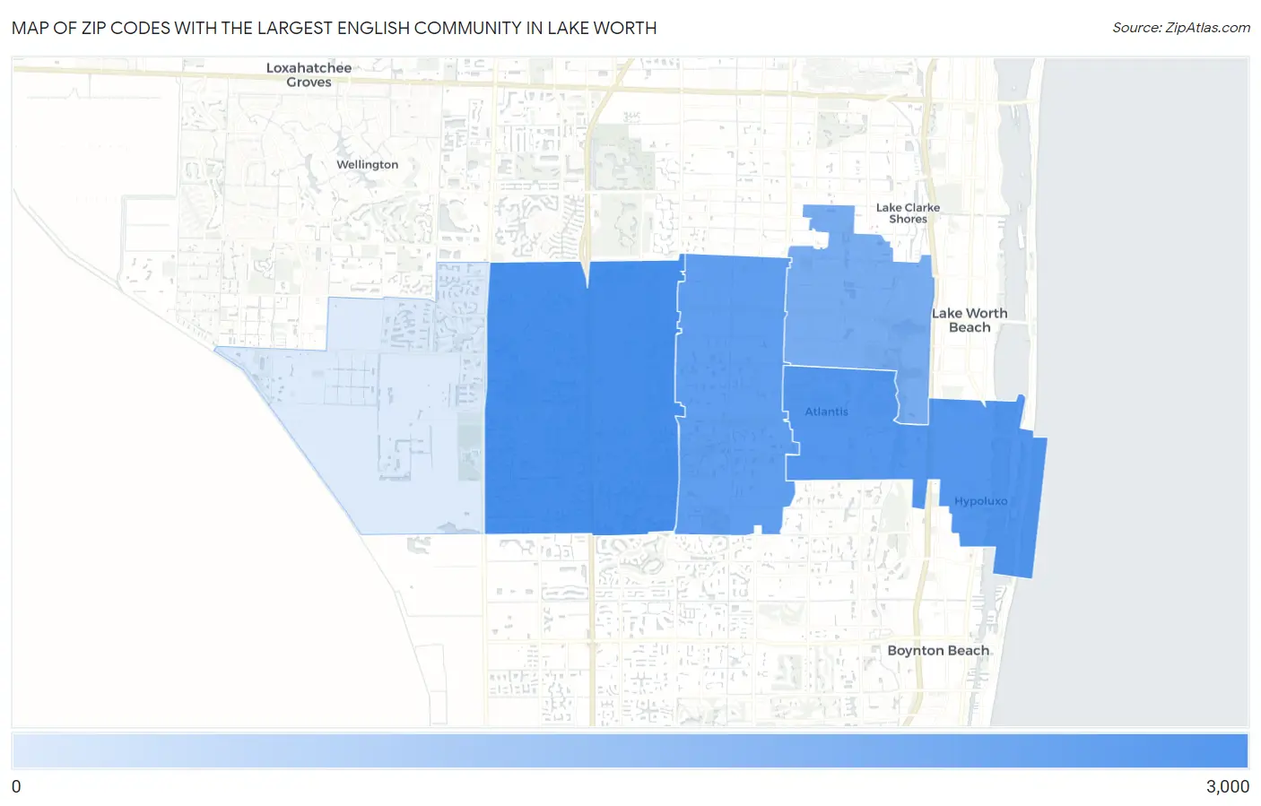 Zip Codes with the Largest English Community in Lake Worth Map