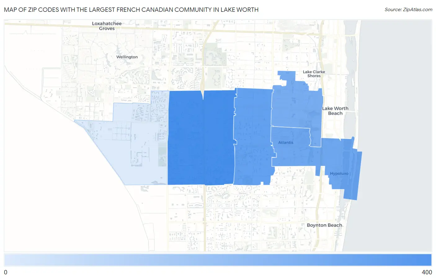 Zip Codes with the Largest French Canadian Community in Lake Worth Map