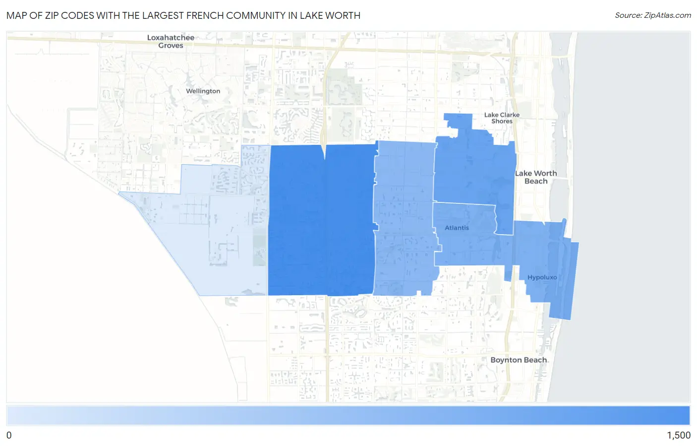 Zip Codes with the Largest French Community in Lake Worth Map