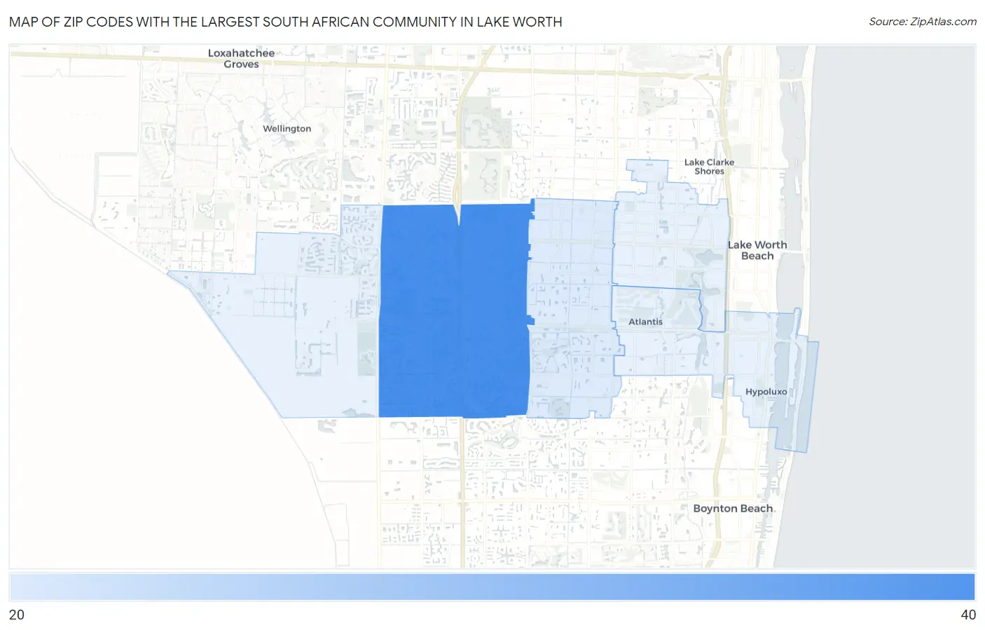 Zip Codes with the Largest South African Community in Lake Worth Map