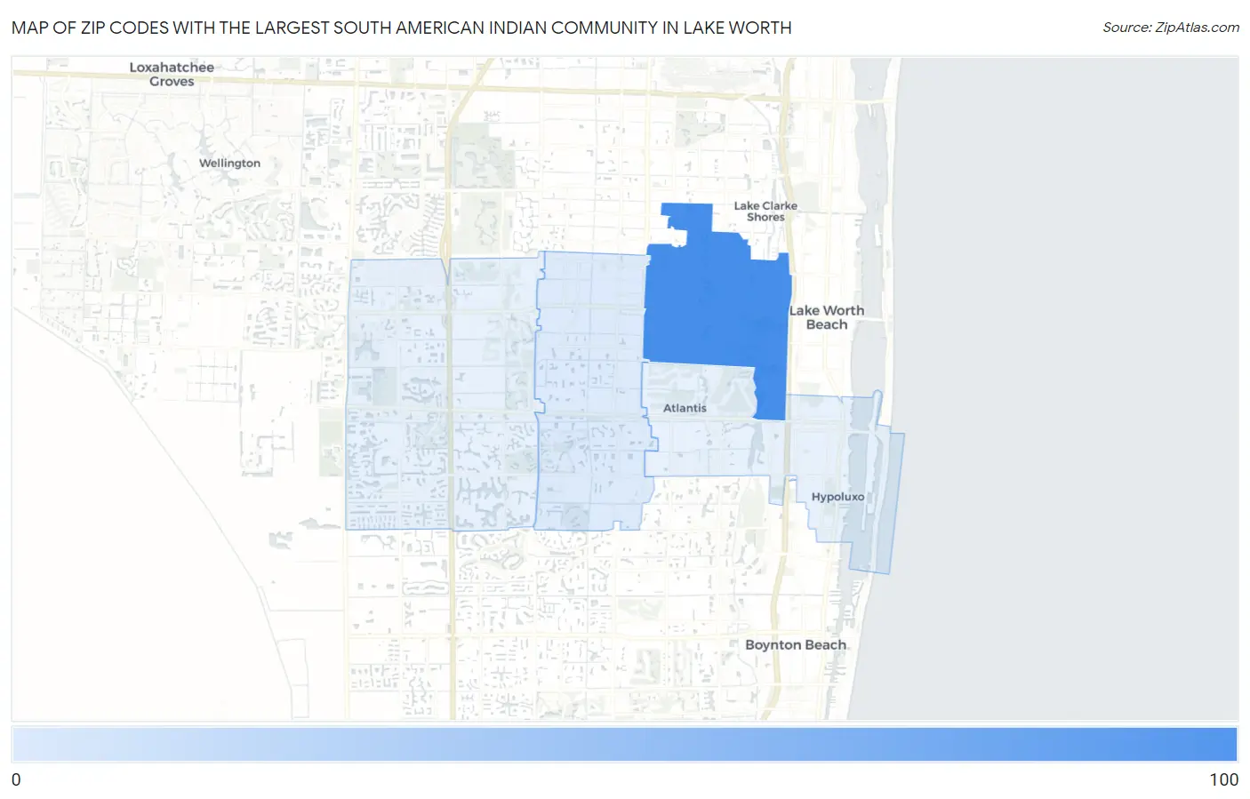 Zip Codes with the Largest South American Indian Community in Lake Worth Map