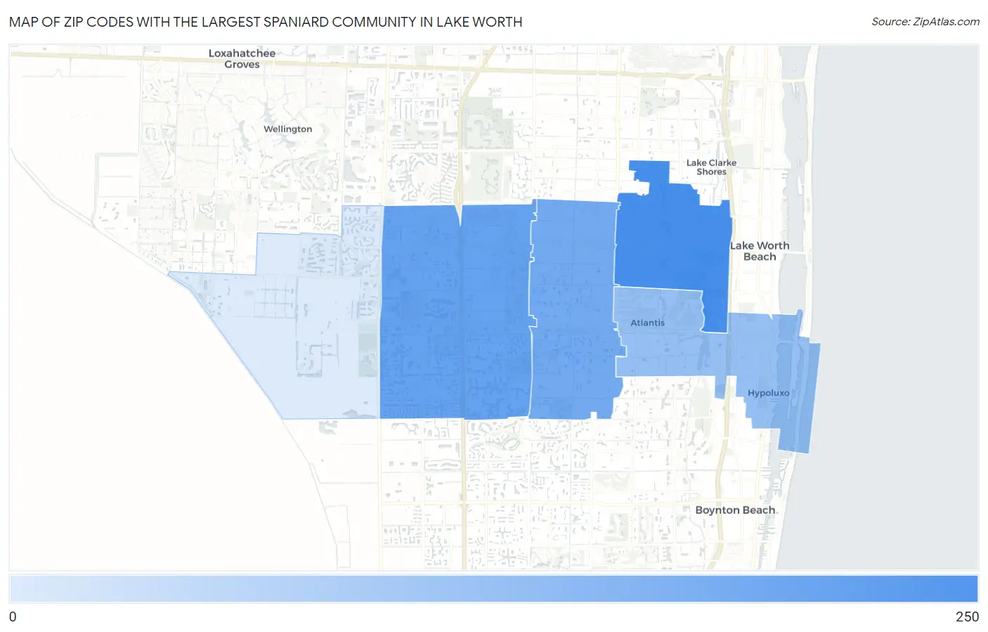 Zip Codes with the Largest Spaniard Community in Lake Worth Map