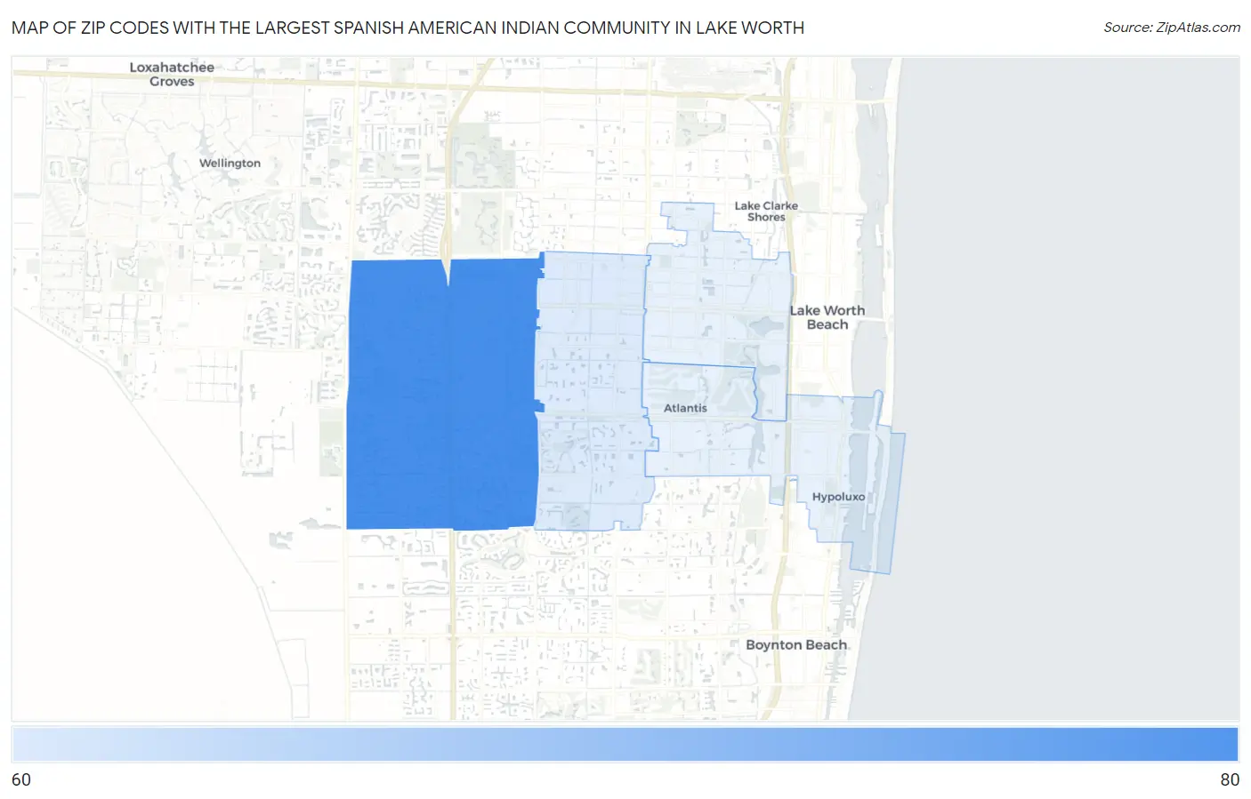 Zip Codes with the Largest Spanish American Indian Community in Lake Worth Map