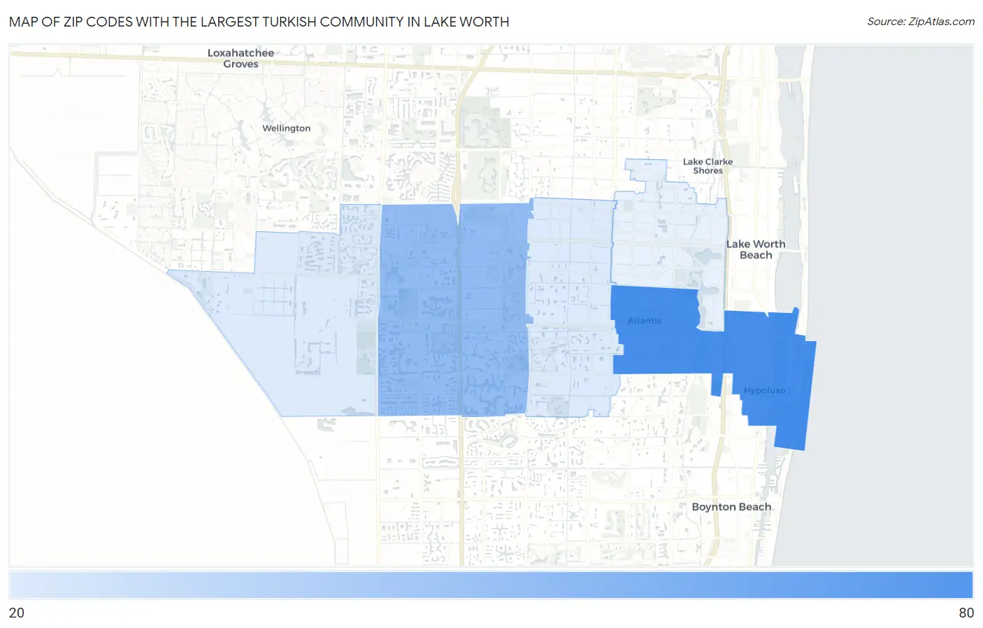 Zip Codes with the Largest Turkish Community in Lake Worth Map
