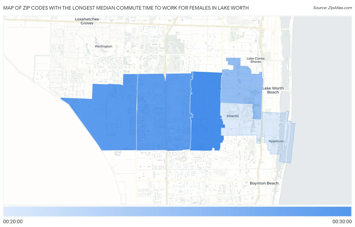 Zip Codes with the Longest Median Commute Time to Work for Females in Lake Worth Map